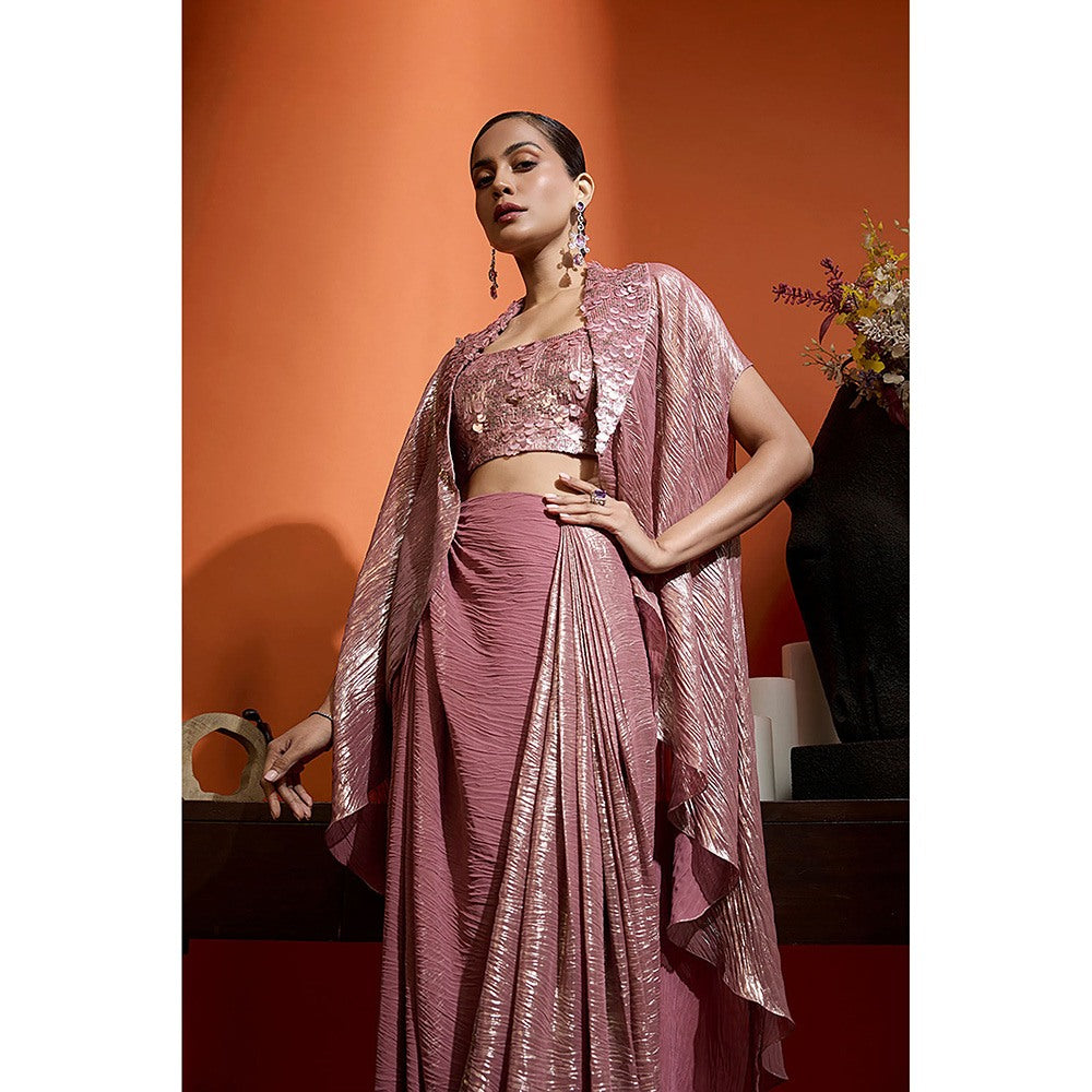 BABITA M Pink Metallic Rose Draped Skirt With Bralette And Cape (Set of 3)
