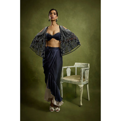BABITA M Blue Drape Skirt With Cape And Barlette (Set of 3)