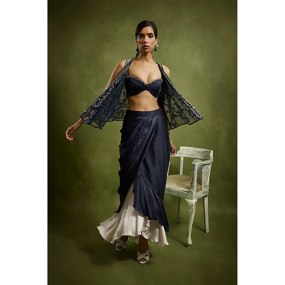 BABITA M Blue Drape Skirt With Cape And Barlette (Set of 3)