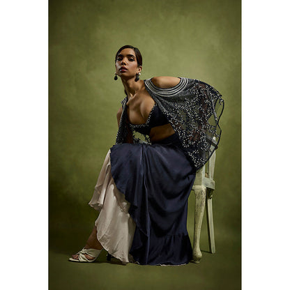 BABITA M Blue Drape Skirt With Cape And Barlette (Set of 3)