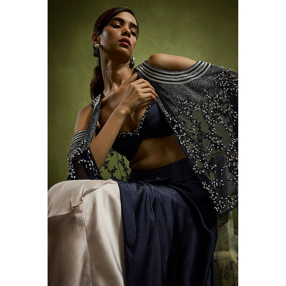 BABITA M Blue Drape Skirt With Cape And Barlette (Set of 3)