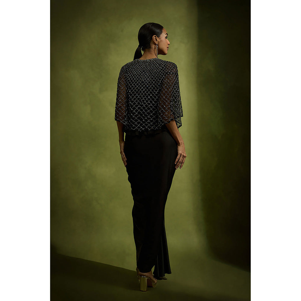 BABITA M Black Noir Crystal Grid Ensemble Skirt With Bralette And Cape (Set of 3)