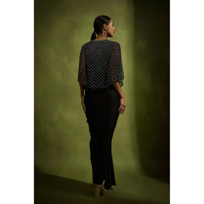 BABITA M Black Noir Crystal Grid Ensemble Skirt With Bralette And Cape (Set of 3)