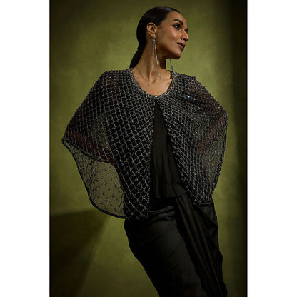 BABITA M Black Noir Crystal Grid Ensemble Skirt With Bralette And Cape (Set of 3)