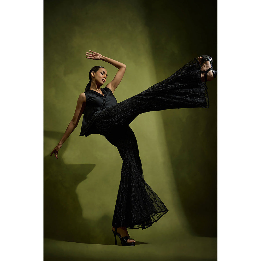 BABITA M Black Noir Short Top With Pearl Embellished Pants (Set of 2)