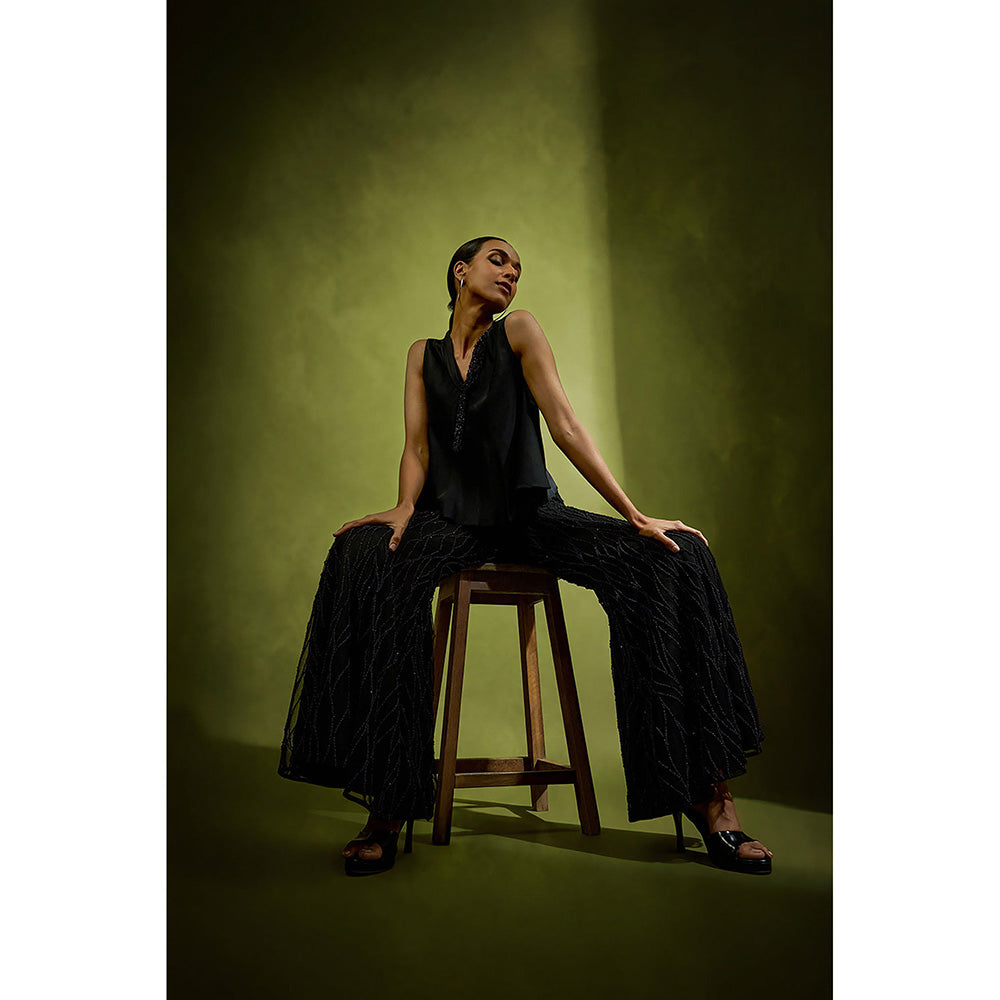 BABITA M Black Noir Short Top With Pearl Embellished Pants (Set of 2)