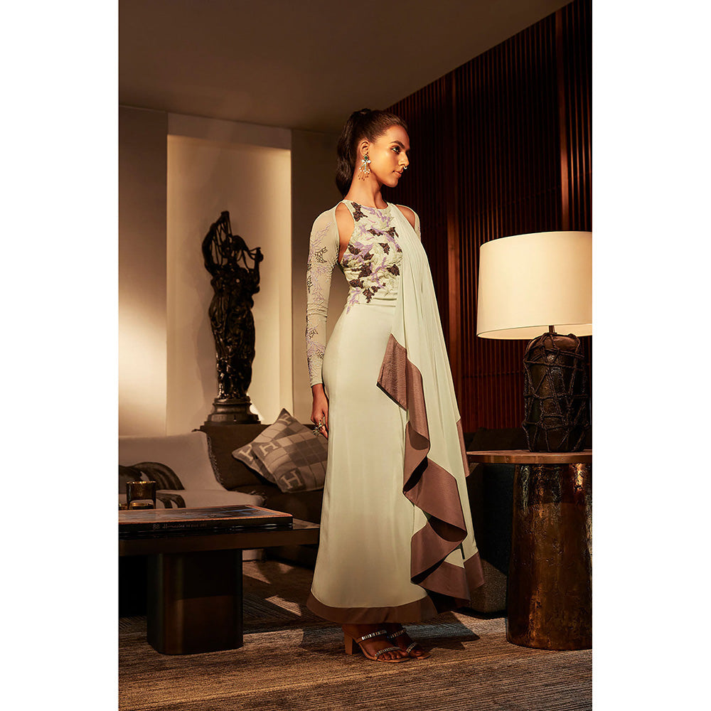 BABITA M Green Halter Neck Drape Dress With Jacket (Set of 2)