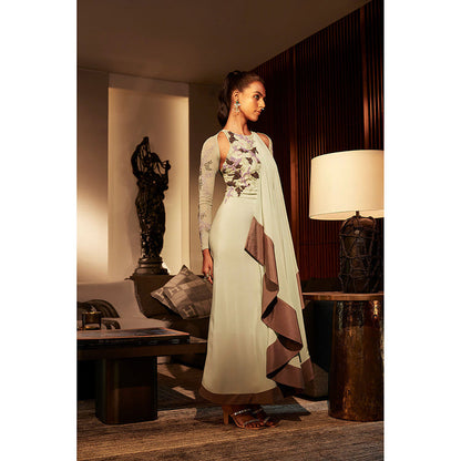 BABITA M Green Halter Neck Drape Dress With Jacket (Set of 2)