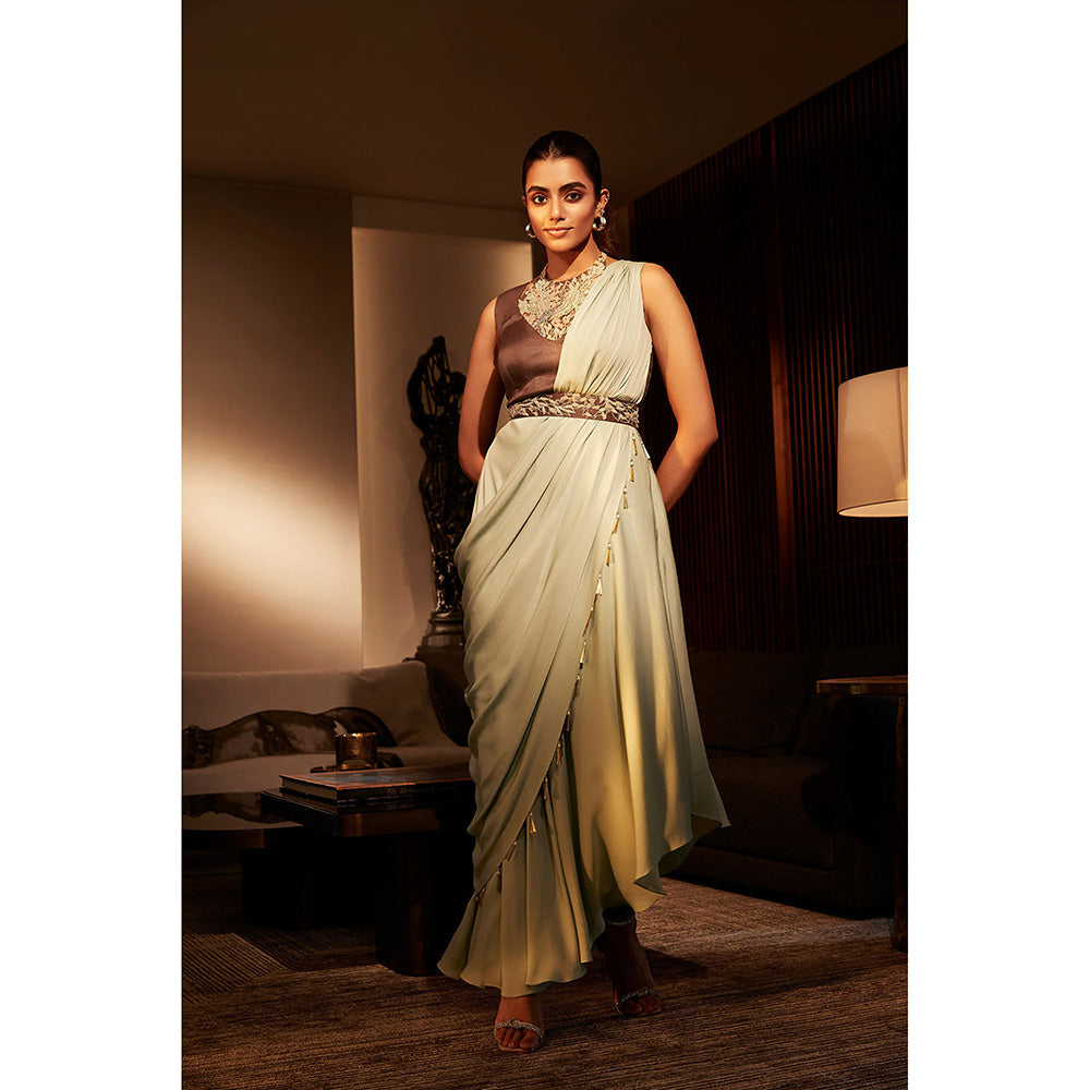 BABITA M Green Embroidered Dress With Belt (Set of 2)