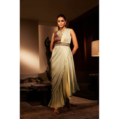 BABITA M Green Embroidered Dress With Belt (Set of 2)