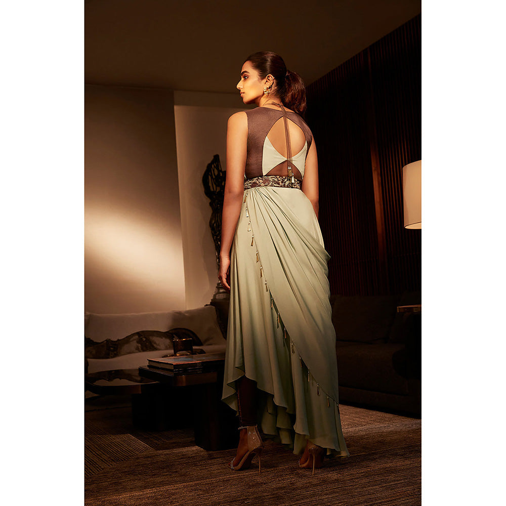 BABITA M Green Embroidered Dress With Belt (Set of 2)
