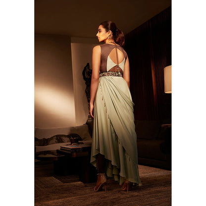 BABITA M Green Embroidered Dress With Belt (Set of 2)