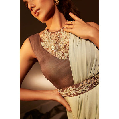 BABITA M Green Embroidered Dress With Belt (Set of 2)