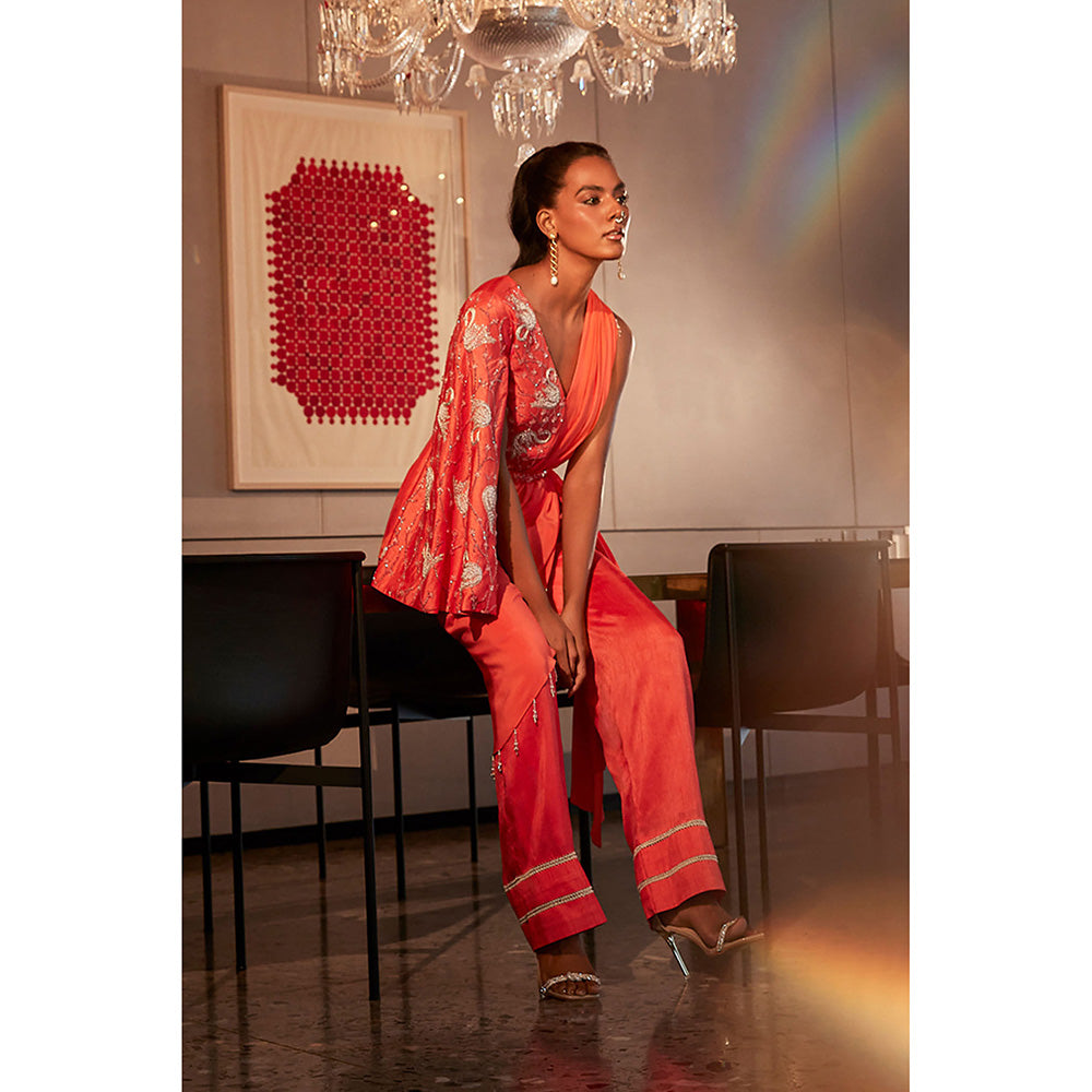 BABITA M Coral Embroidered Jacket With Drape Attached Pant And Belt (Set of 3)