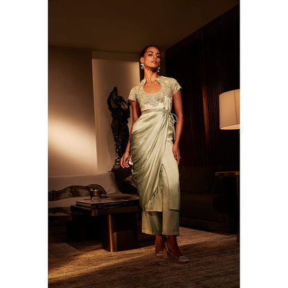 BABITA M Green Frosted Mint Silk Drape Kurta With Pant And Belt (Set of 3)