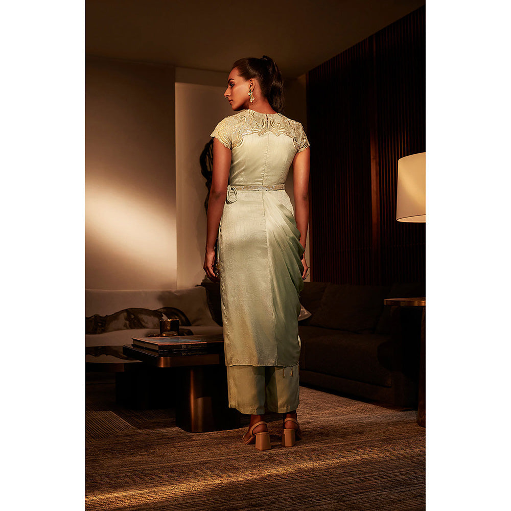 BABITA M Green Frosted Mint Silk Drape Kurta With Pant And Belt (Set of 3)