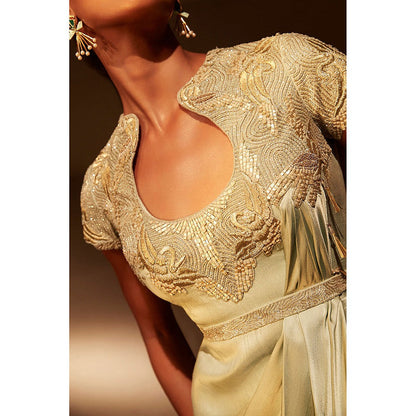 BABITA M Green Frosted Mint Silk Drape Kurta With Pant And Belt (Set of 3)