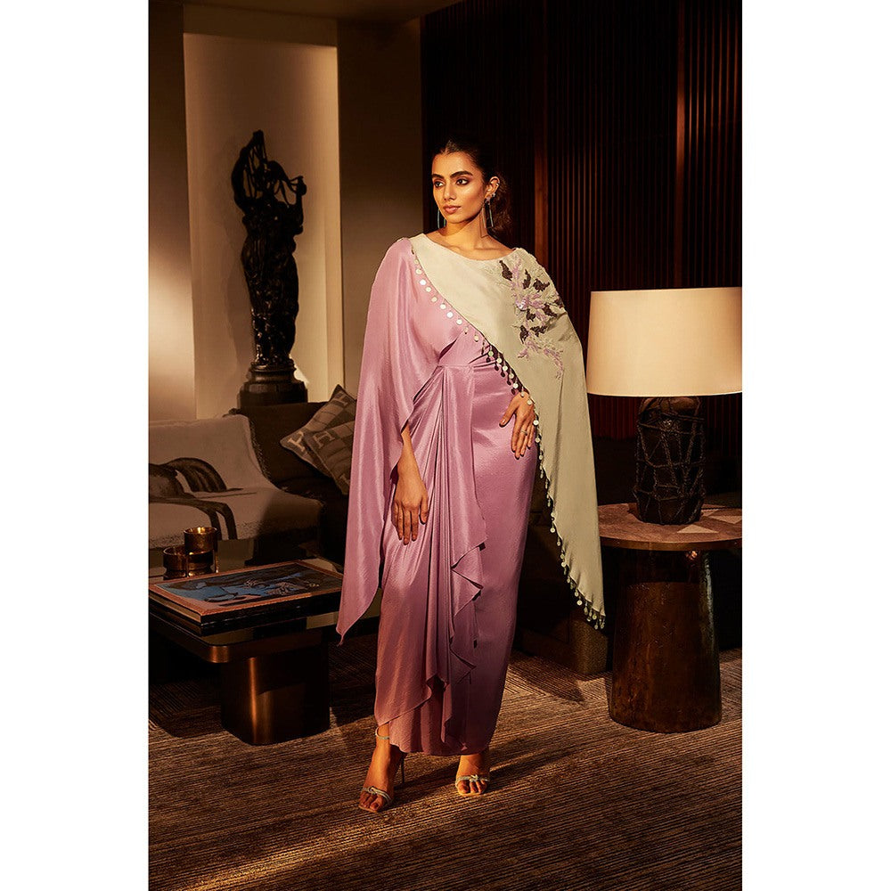 BABITA M Green Lavender Colour Block Cape With Dress (Set of 2)
