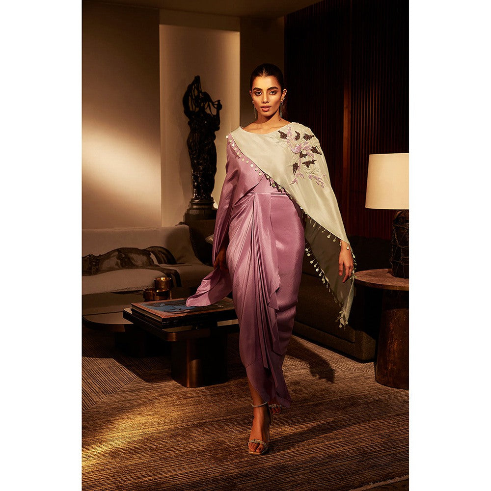 BABITA M Green Lavender Colour Block Cape With Dress (Set of 2)