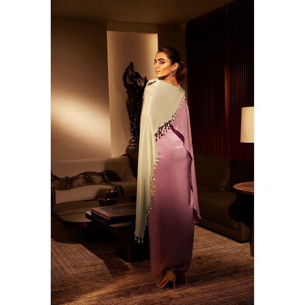 BABITA M Green Lavender Colour Block Cape With Dress (Set of 2)