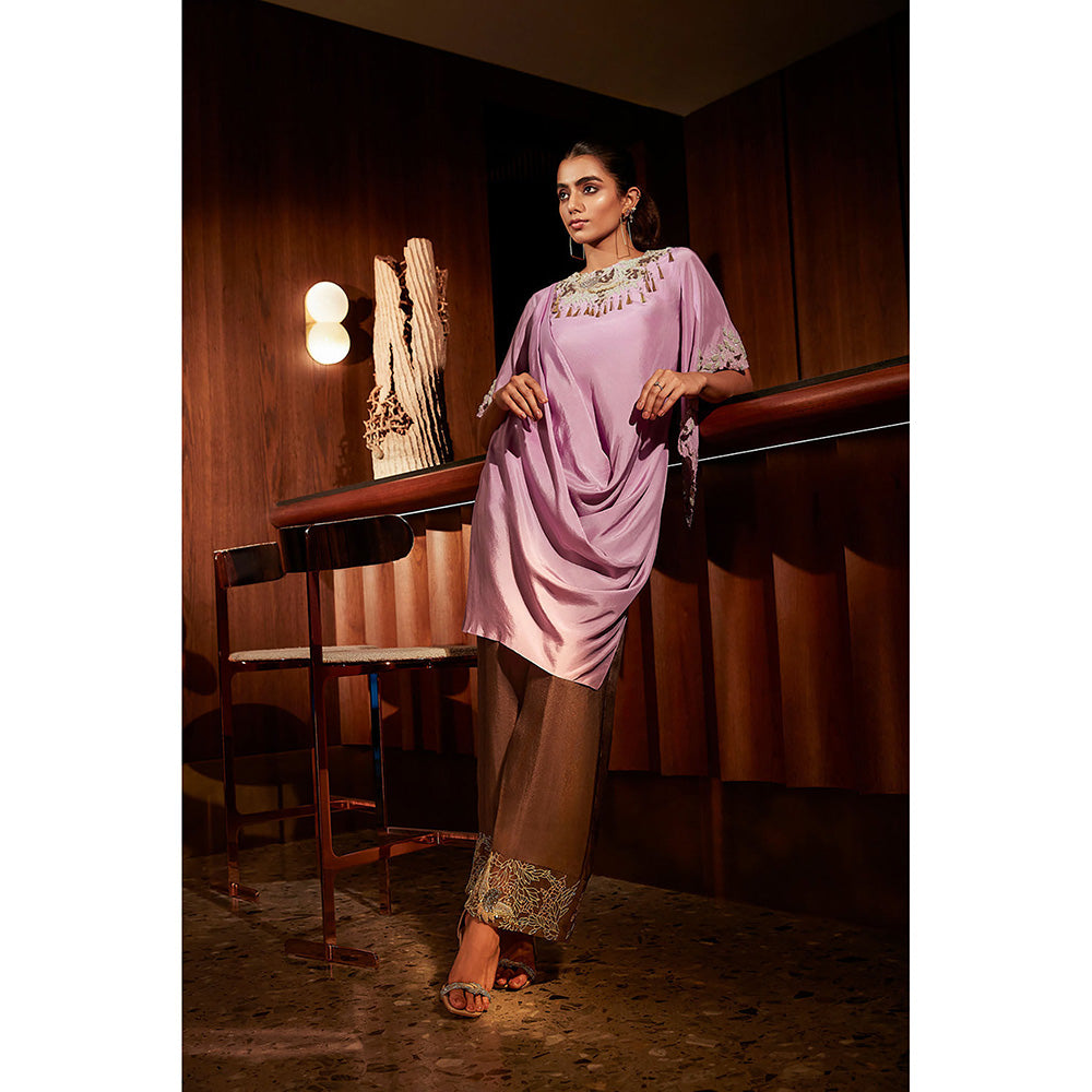 BABITA M Lavender Silk Cowl Kurta With Embroidered Pants (Set of 2)