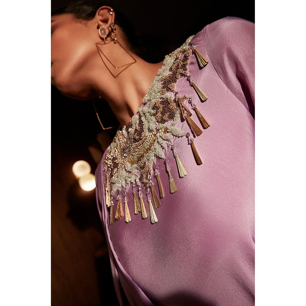 BABITA M Lavender Silk Cowl Kurta With Embroidered Pants (Set of 2)