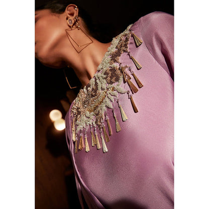 BABITA M Lavender Silk Cowl Kurta With Embroidered Pants (Set of 2)