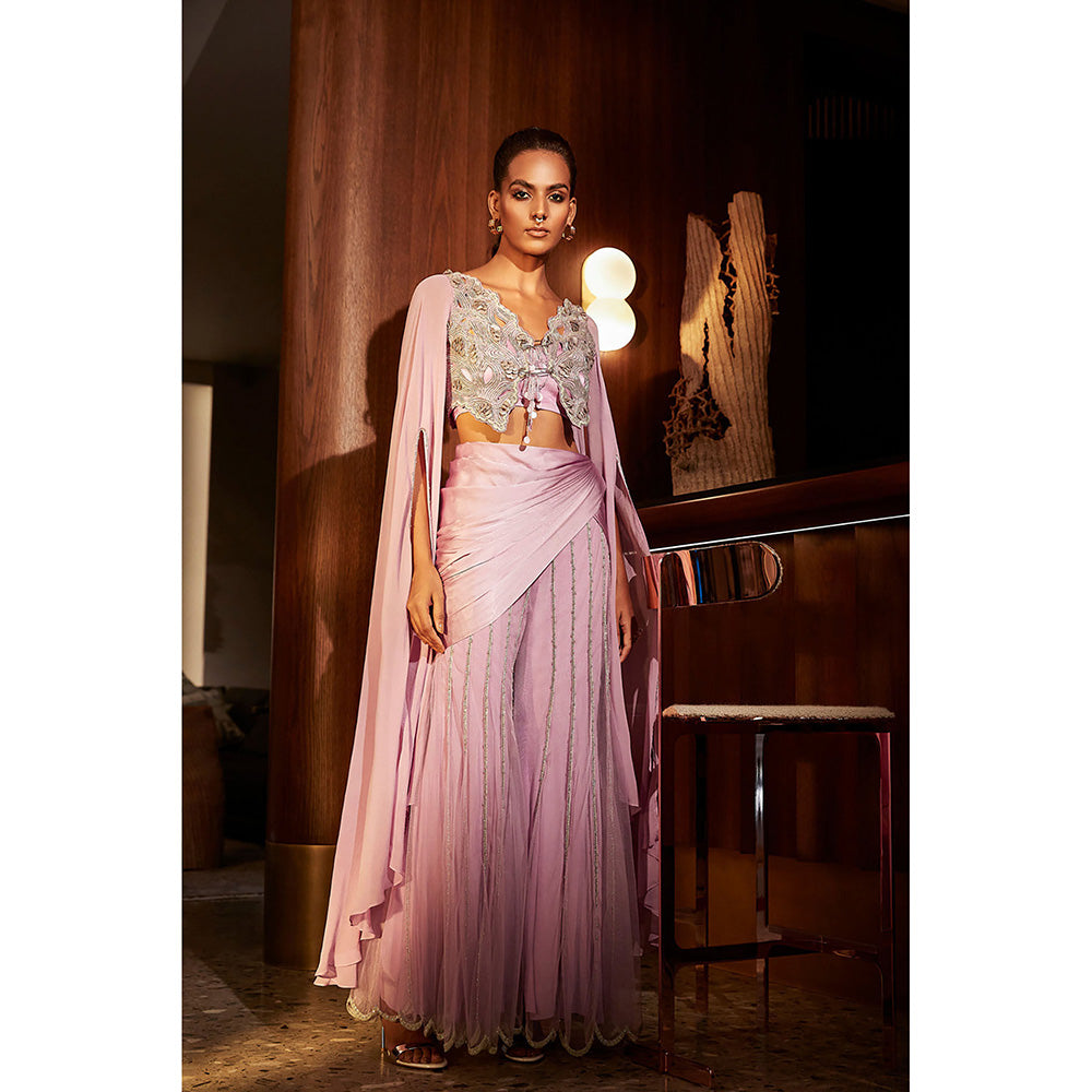 BABITA M Lavender Lilac Mist Bustier With Cape And Pant (Set of 3)