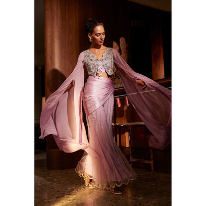 BABITA M Lavender Lilac Mist Bustier With Cape And Pant (Set of 3)