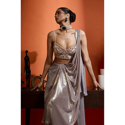 BABITA M Metallic Silver Pre-draped Saree with Stitched Blouse