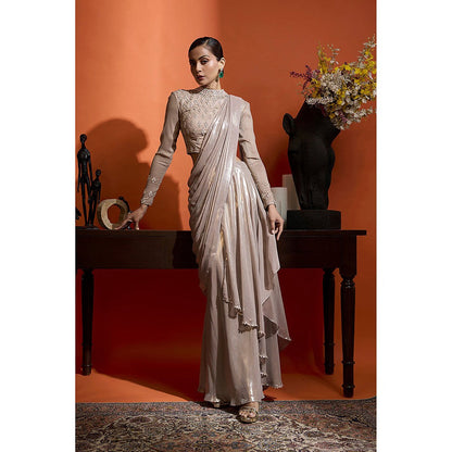 BABITA M Beige Pre-draped Saree with Stitched Blouse