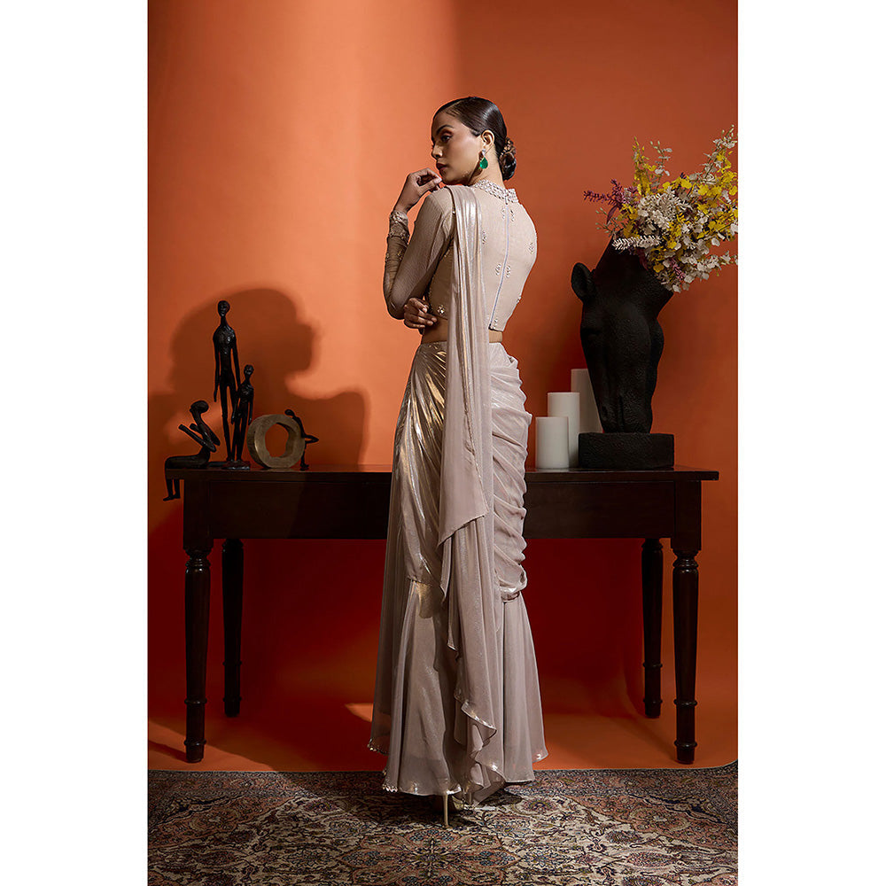 BABITA M Beige Pre-draped Saree with Stitched Blouse