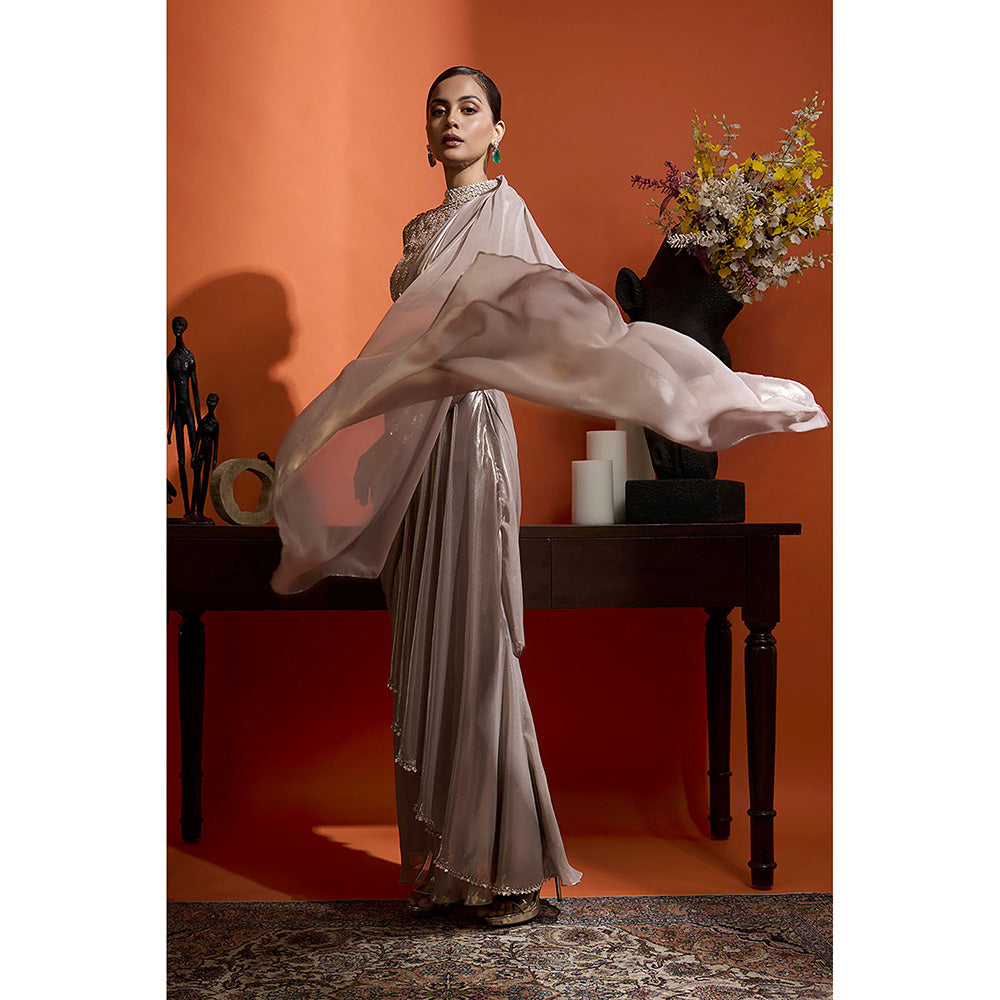 BABITA M Beige Pre-draped Saree with Stitched Blouse