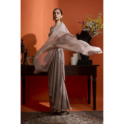 BABITA M Beige Pre-draped Saree with Stitched Blouse