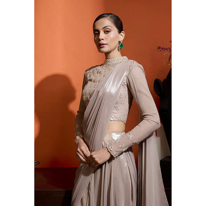 BABITA M Beige Pre-draped Saree with Stitched Blouse