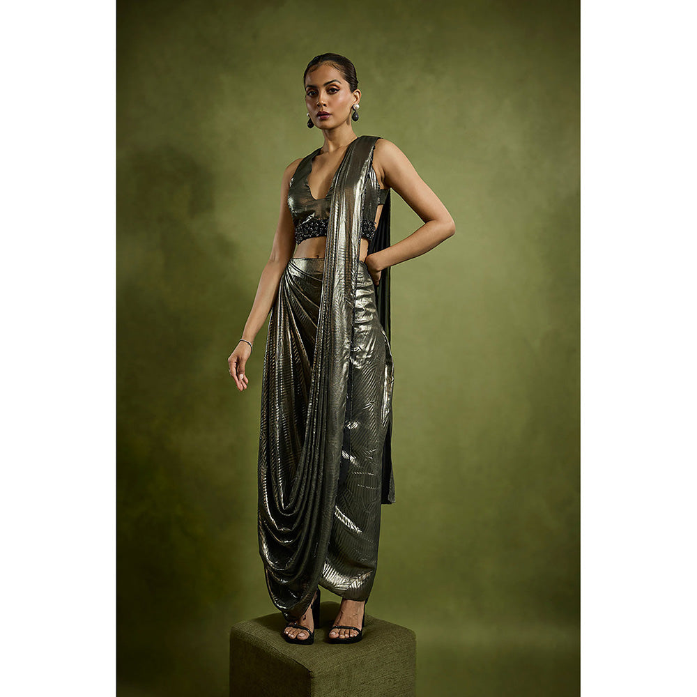 BABITA M Metallic Georgette Foil Pre-draped Saree with Stitched Blouse