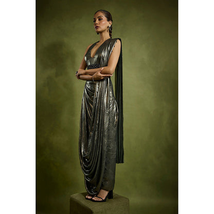 BABITA M Metallic Georgette Foil Pre-draped Saree with Stitched Blouse