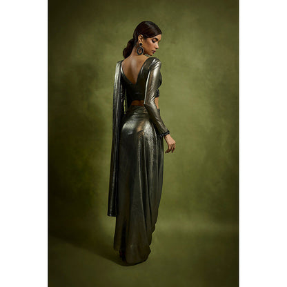 BABITA M Metallic Embossed Pre-draped Saree with Stitched Blouse