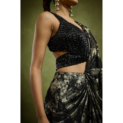 BABITA M Black Noir Drape Foil Pre-draped Saree with Stitched Blouse