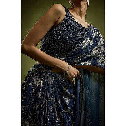 BABITA M Midnight Blue Gold Foiled Pre-draped Saree with Stitched Blouse