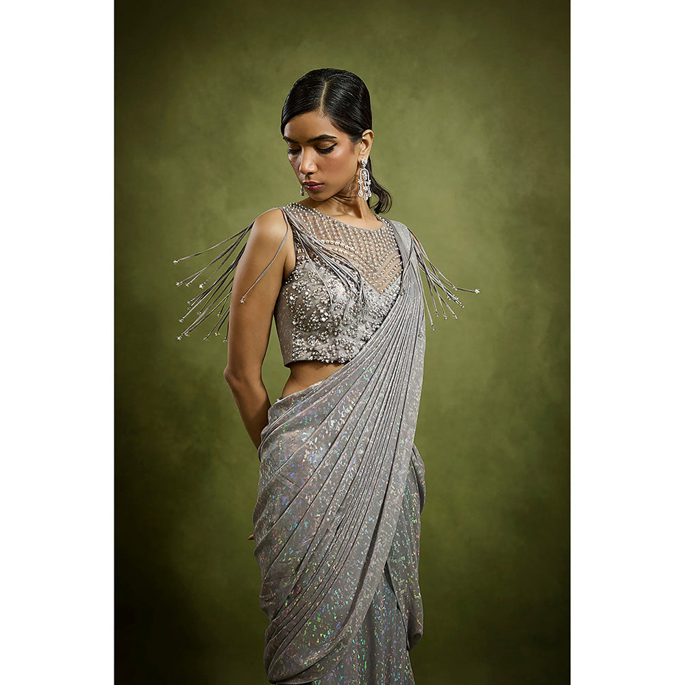 BABITA M Silver Slate Metallic Pre-draped Saree with Stitched Blouse