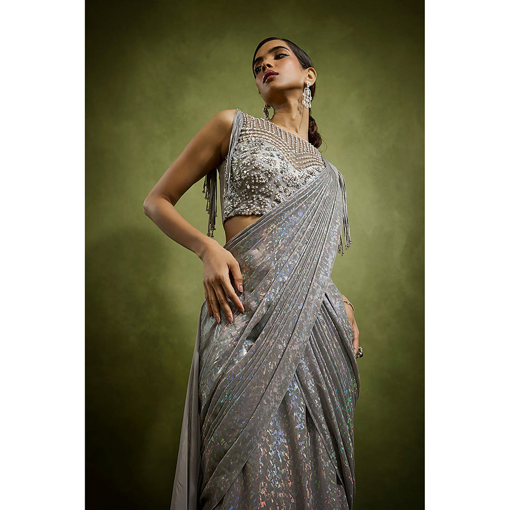 BABITA M Silver Slate Metallic Pre-draped Saree with Stitched Blouse