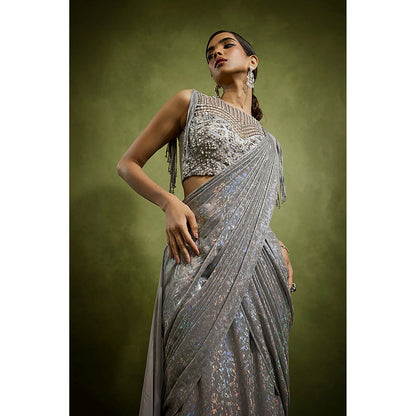 BABITA M Silver Slate Metallic Pre-draped Saree with Stitched Blouse