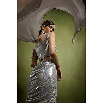 BABITA M Silver Slate Metallic Pre-draped Saree with Stitched Blouse