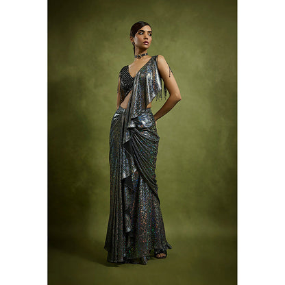BABITA M Black Stardust Cascade Pre-draped Saree with Stitched Blouse