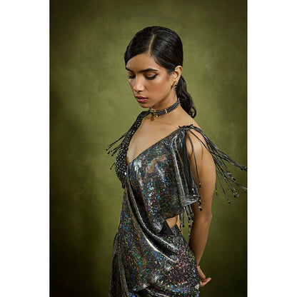 BABITA M Black Stardust Cascade Pre-draped Saree with Stitched Blouse