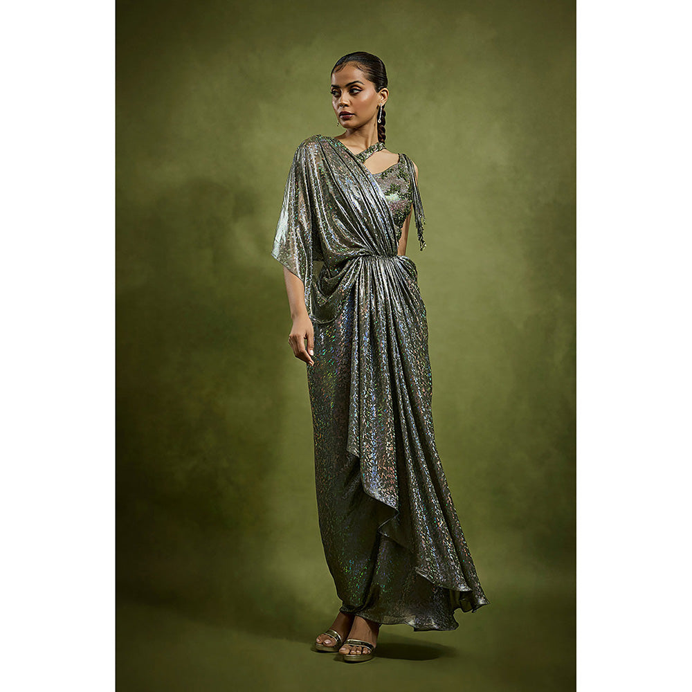 BABITA M Green Stardust Cascade Pre-draped Saree with Stitched Blouse