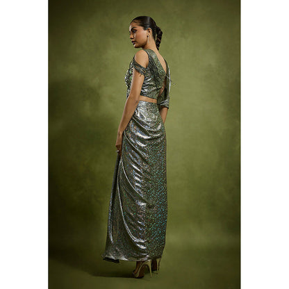 BABITA M Green Stardust Cascade Pre-draped Saree with Stitched Blouse