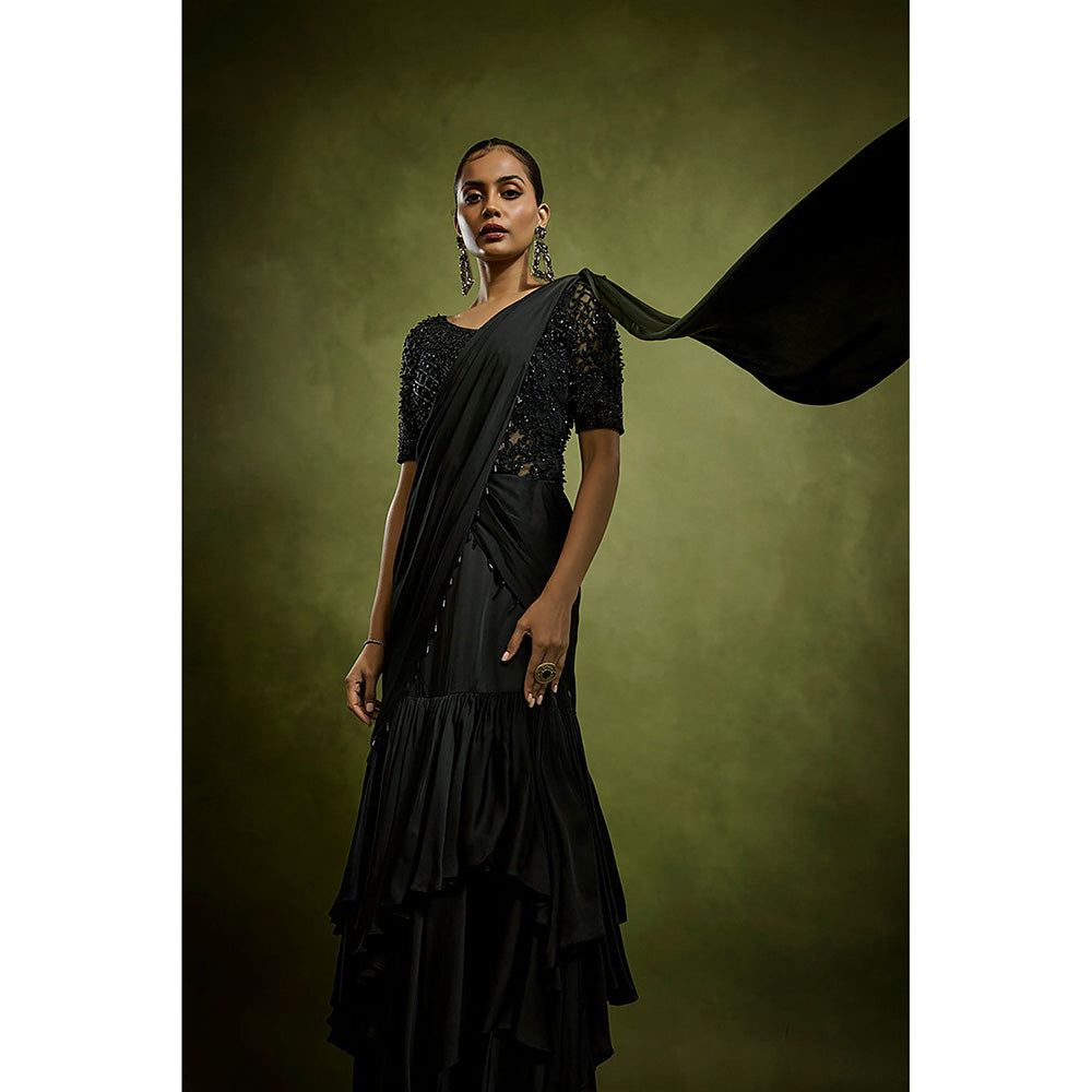 BABITA M Black Gilded Crystal Bodysuit Pre-draped Saree with Stitched Blouse