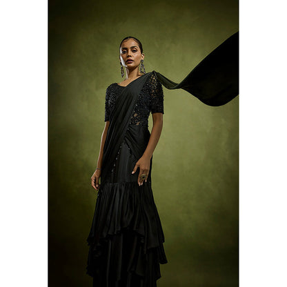 BABITA M Black Gilded Crystal Bodysuit Pre-draped Saree with Stitched Blouse